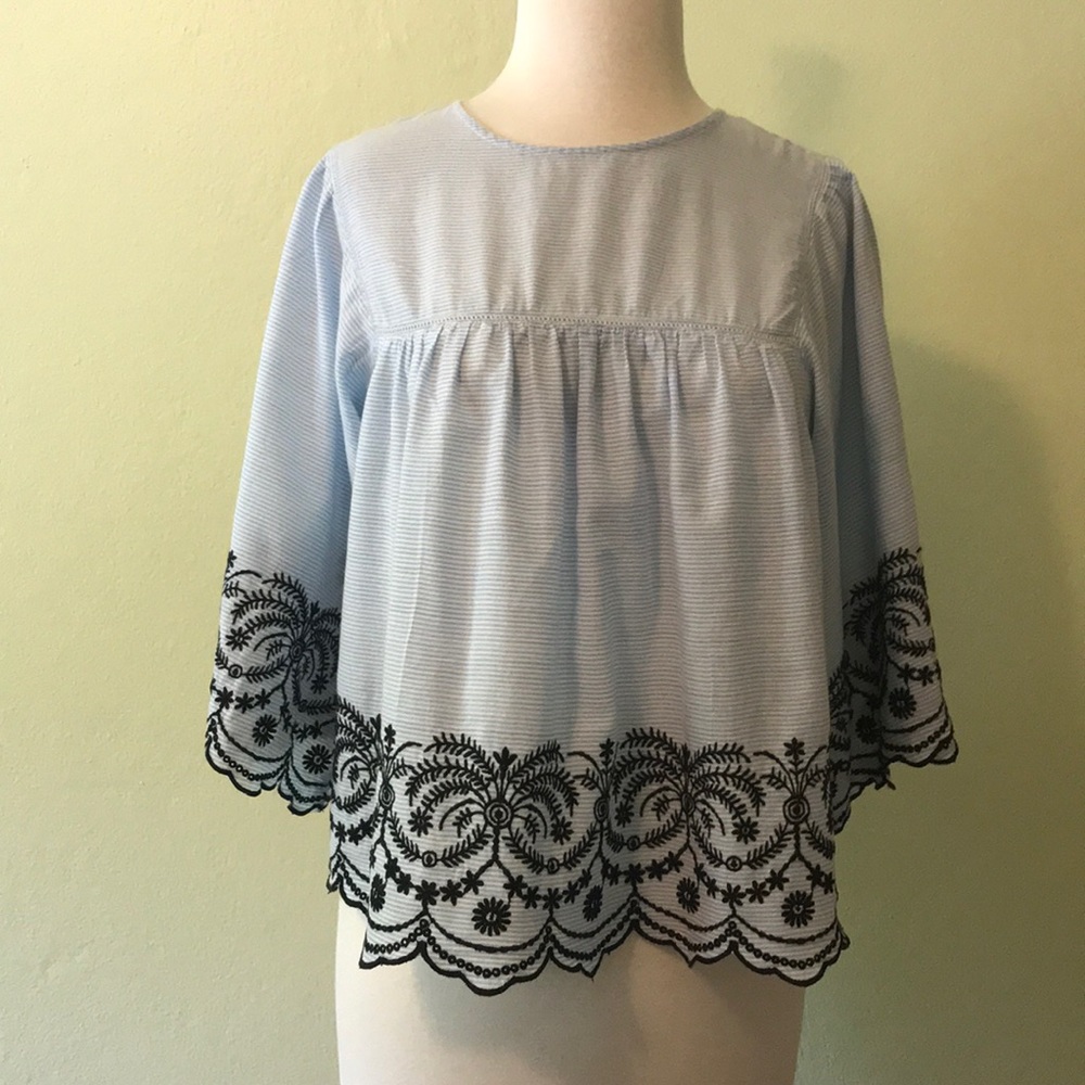 Zara Blue and Floral Black Blouse